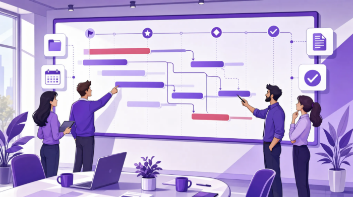 A team of four professionals working on the Gantt chart