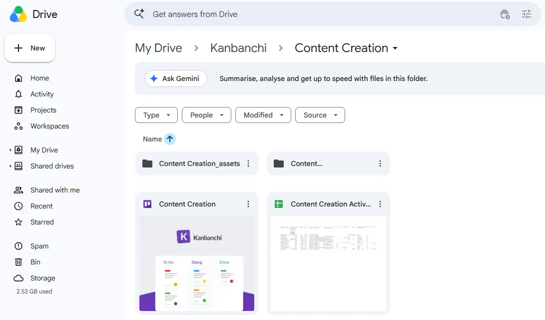 Google Workspace Features with Kanbanchi in Drive Integration Kanbanchi integrated inside Google Drive showing project boards and task management as part of Google Workspace features for collaboration