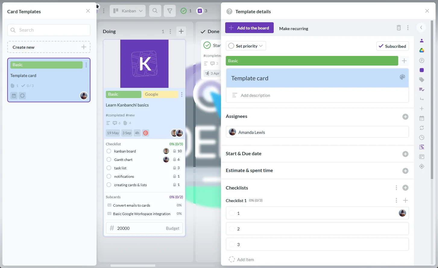 Google Workspace Features with Kanbanchi Template Cards Kanbanchi template cards for task management, workflow setup, and project planning within Google Workspace features
