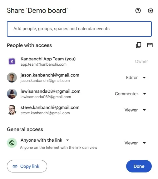 Kanbanchi board sharing settings in Google Drive, demonstrating Google Workspace integration for team collaboration and project management
