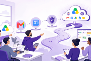 Team planning a Google Workspace migration roadmap with Gmail, Google Drive, Calendar, and security icons
