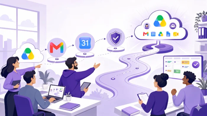 google-workspace-migration-main-image Team planning a Google Workspace migration roadmap with Gmail, Google Drive, Calendar, and security icons