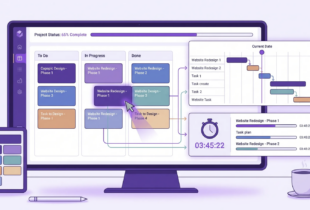 A project workspace showing a Kanban board, a timeline, and a time-tracking panel connected to the same set of tasks.