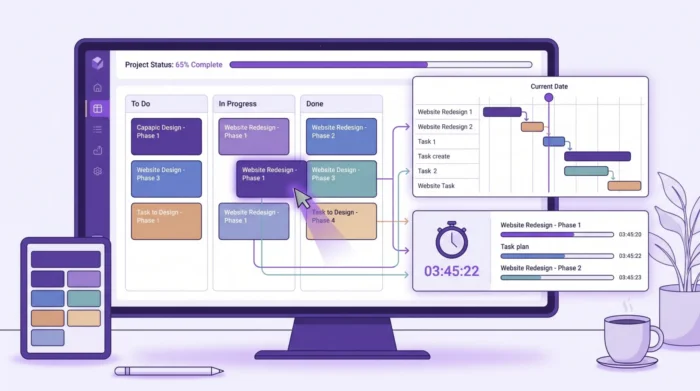 A project workspace showing a Kanban board, a timeline, and a time-tracking panel connected to the same set of tasks.