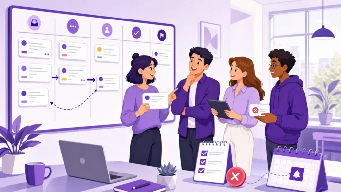 A professional team actively managing project delivery on a large, interactive display that features a Kanban board.