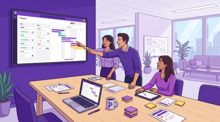 A professional digital vector graphic illustrating a unified project scheduling platform interface that dynamically connects task ownership cards, interactive Gantt chart timelines, cross-team dependencies, and integrated cloud storage files.