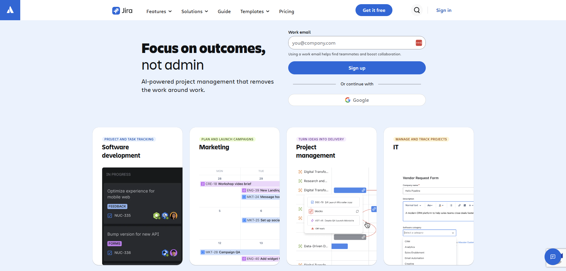 A screenshot of the Jira website homepage featuring that teams should focus on outcomes, not admin