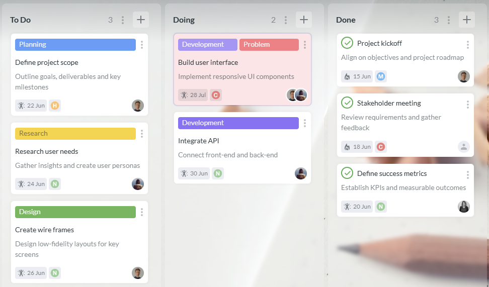 Simlpe Kanban for teams: task cards that show statuses, ownership, dates and more