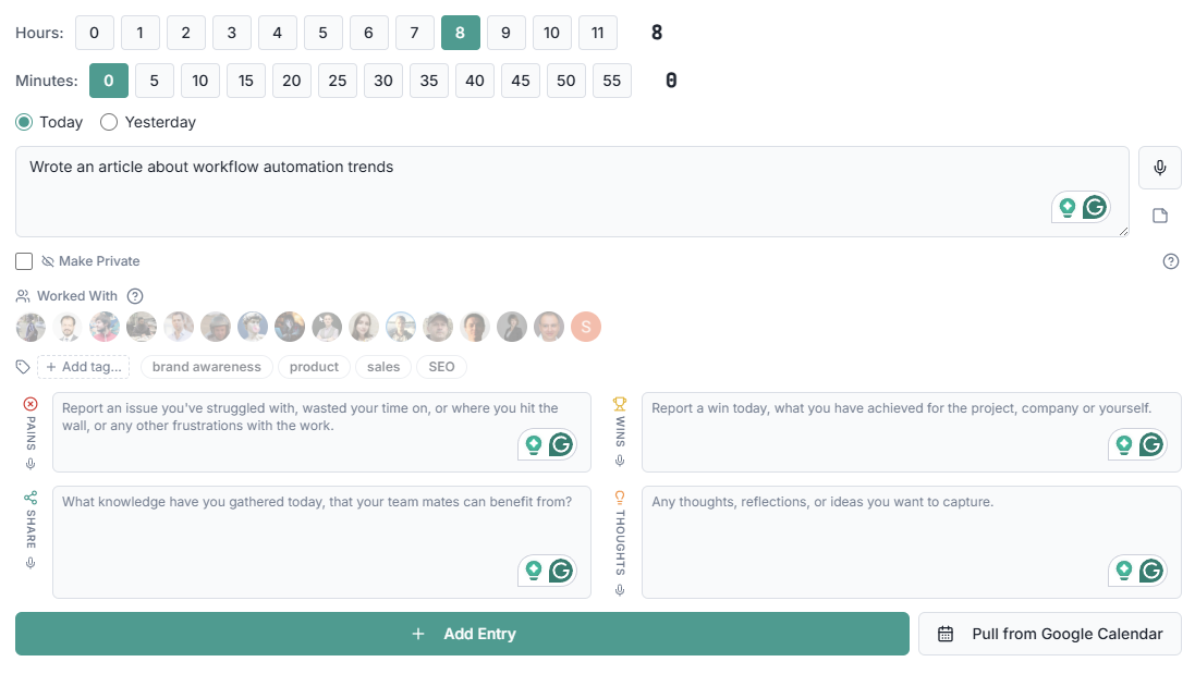A screenshot from Kanbanchi's team internal time tracking system that shows we can log not only the time and the actual task, but also share pains, wins, knowledge, or insights with our colleagues.