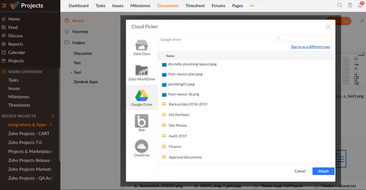 Zoho Projects in Zoho Projects showing integration with Google Workspace services.