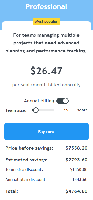 Kanbanchi Professional plan pricing for 15 users in Kanbanchi showing team subscription cost