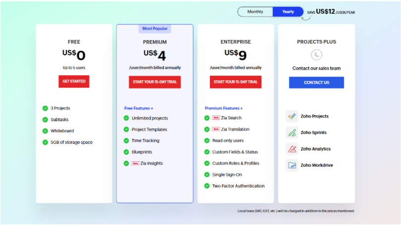 Pricing page for Zoho Projects showing available plans and subscription options.