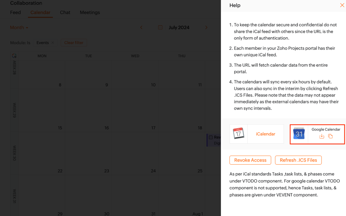 Zoho Projects showing integration with Google Calendar for syncing tasks and deadlines.
