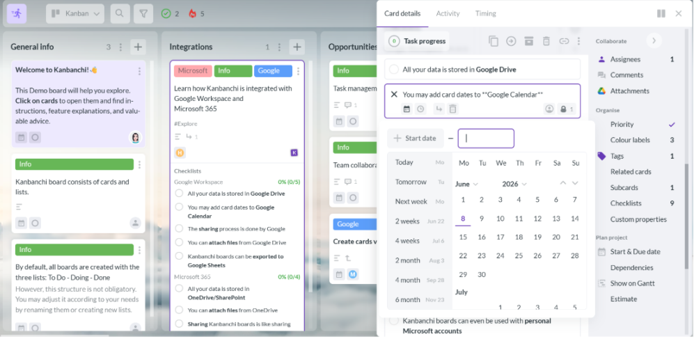 Kanbanchi card calendar view with Google Calendar integration.