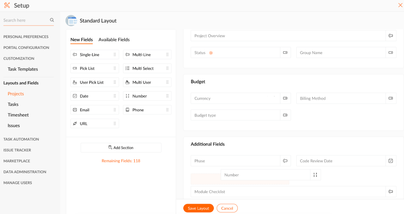 Zoho Projects showing setup fields for configuring project details and task properties.