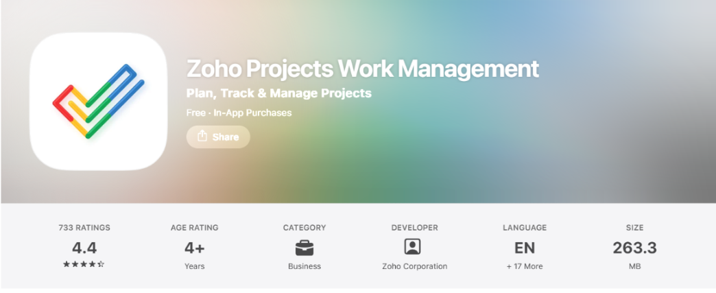 Zoho Projects mobile app listing showing the app name and basic store information.