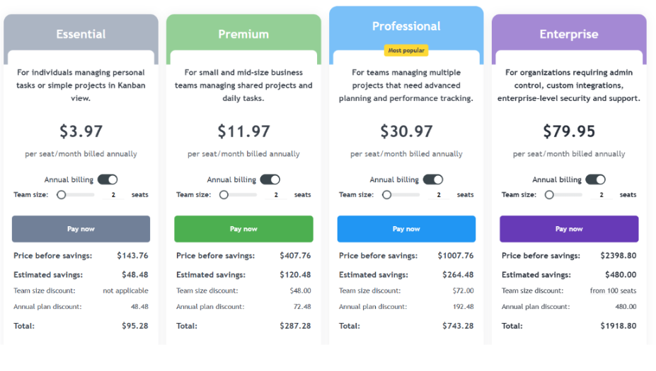Pricing page for Kanbanchi displaying plan options, features, and subscription pricing.
