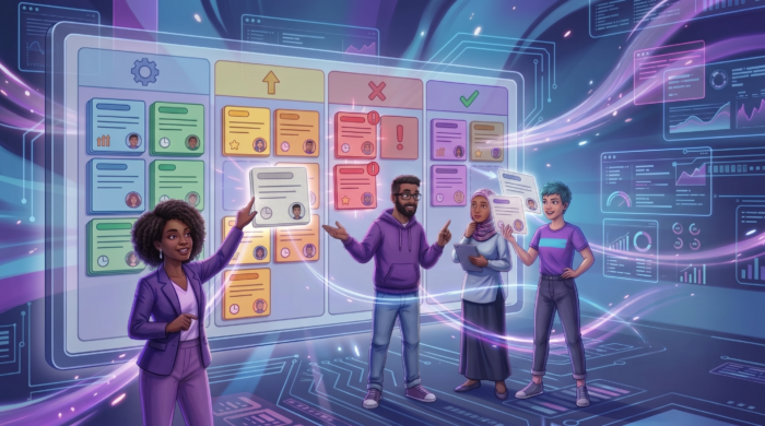 A digital illustration of four professionals collaborating around a large, glowing transparent Kanban board featuring task columns, color-coded cards, and warning icons amidst floating data visualization dashboards.