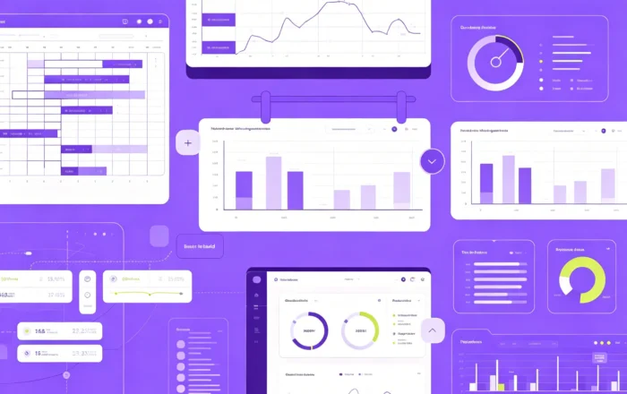 A project management system dashboard layout, displaying floating user interface windows filled with abstract Gantt chart timelines, progress trackers, bar charts, line graphs, and data analytic widgets.