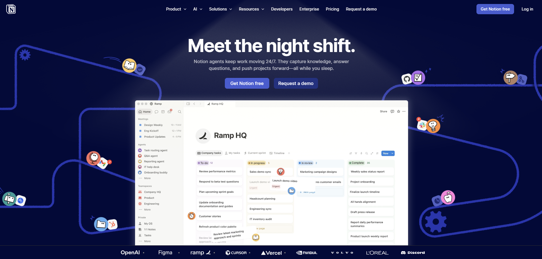 A screenshot of Notion website highlights automated work management features with AI