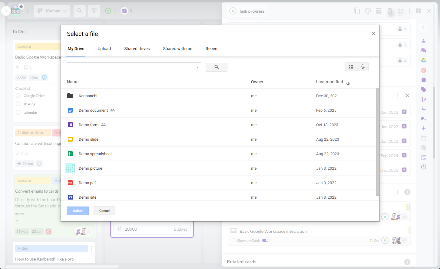 Kanbanchi task card displaying attachments from Google Drive and Shared Drives for centralized project file management