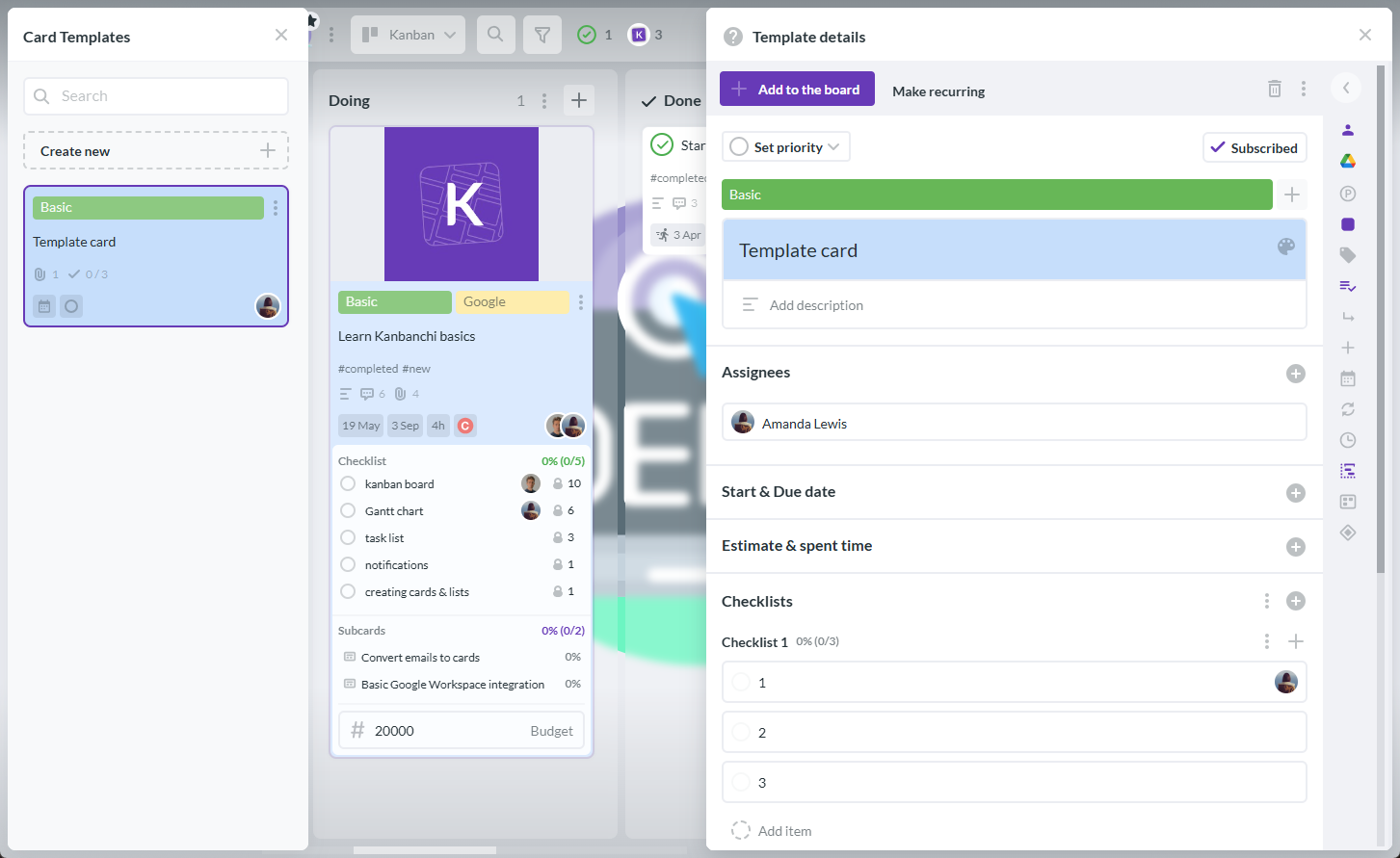 Kanbanchi template cards for creating standardized tasks, workflows, and project processes in project management