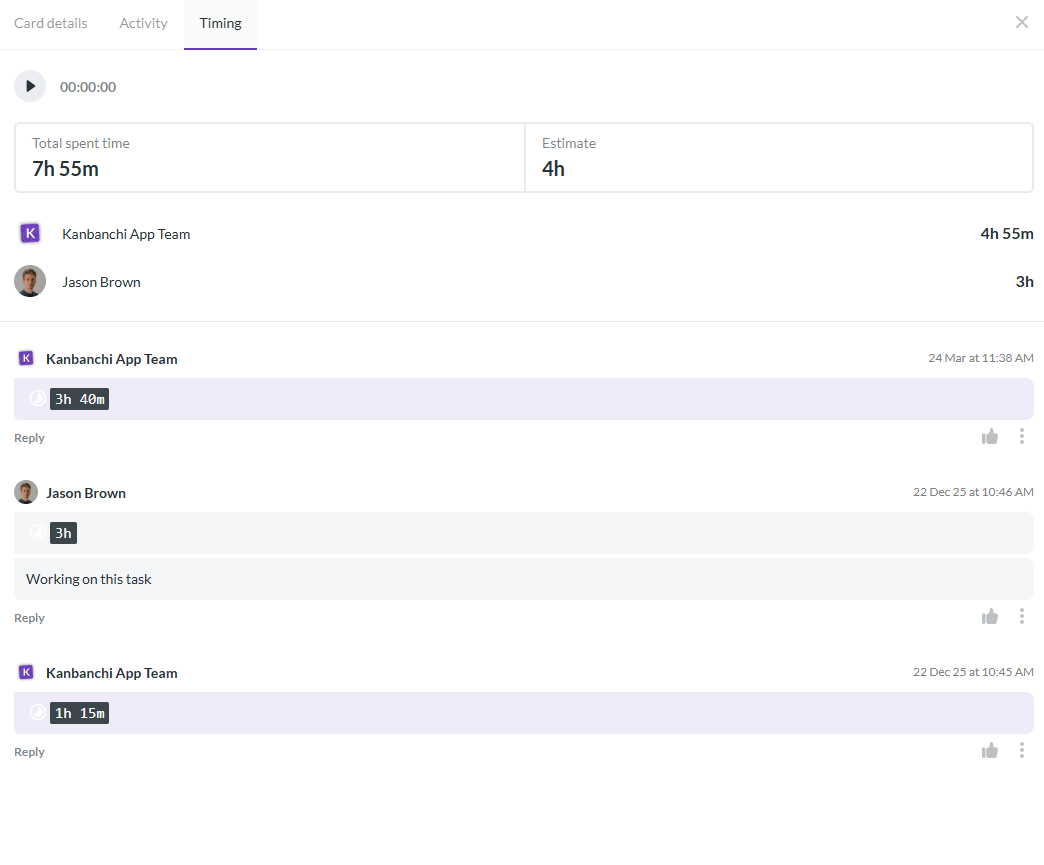 Kanbanchi time tracker displaying logged work hours, task durations, and team time tracking data for collaborative project management
