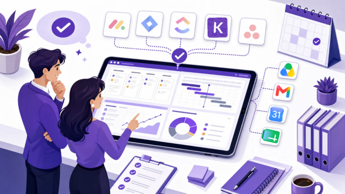 pm-tools-shortlist Two professionals reviewing a project management dashboard on a large tablet that displays a Kanban board, Gantt chart, and data analytics. Floating icons of popular PM tools and Google Workspace apps surround the screen on a well-organized desk