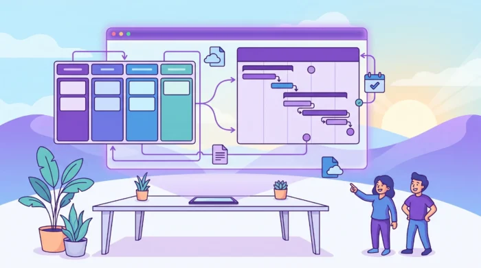 Project Schedule Tools That Keep Deadlines Realistic - Main Image A professional digital illustration showing a project management interface that displays realistic schedule tracking with overlapping timeline bars, milestones, and interconnected task dependencies.