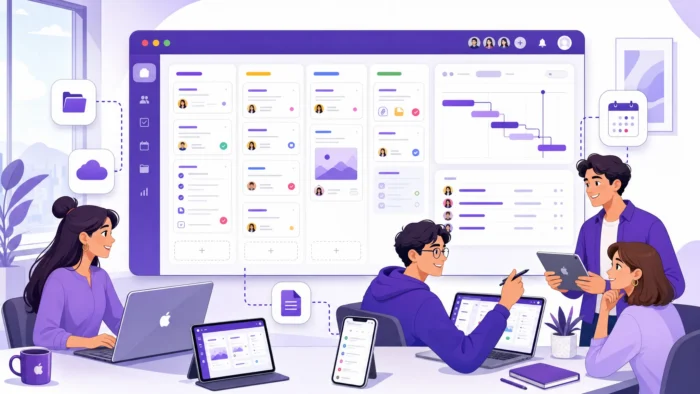 A digital illustration showing a diverse team of four professionals collaborating around a massive, glowing split-view project management control console which displays a transition from simple checklists to multi-layered, integrated project views: a structured Kanban board and an interconnected Gantt Chart