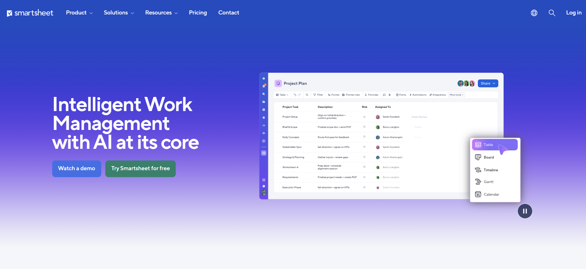 A screenshot of the SmartSheet website positioning it as the intelligent work management with AI at its core