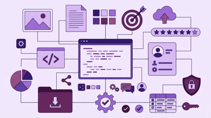 A graphic illustrating a connected digital workflow, where a central code window connects via data lines to operational icons like cloud uploads, pie charts, security locks, targets, and user databases