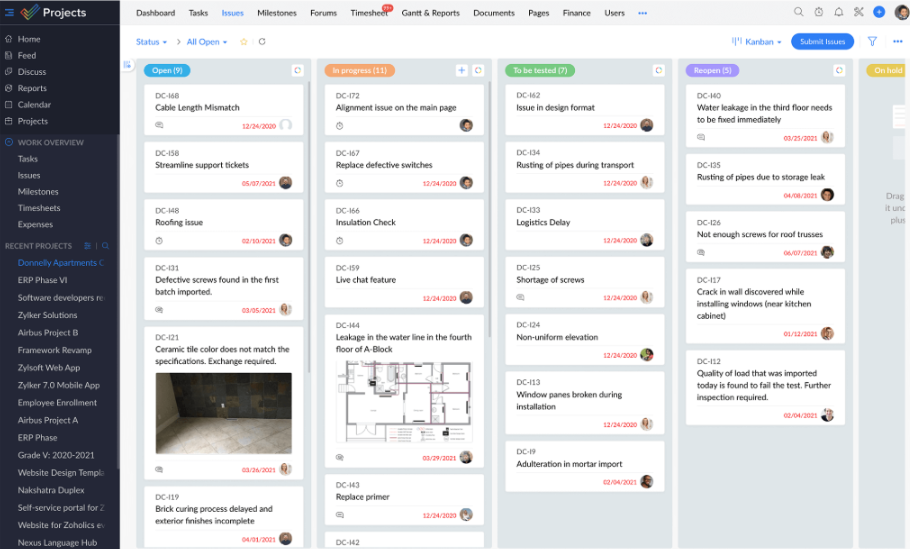 Zoho Projects board view in Zoho Projects showing a task board with columns, cards, and project workflow layout.