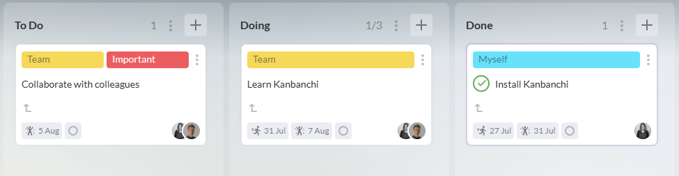 Simple Kanban board with the lists To Do, Doing and Done and a task card in each list