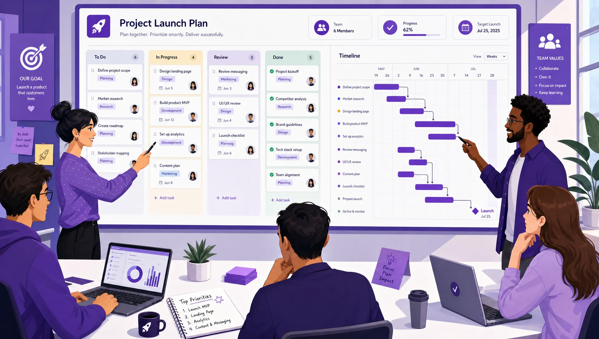A project planning workspace with task cards organized by status, a timeline beside it, and team members reviewing priorities together around a shared planning board