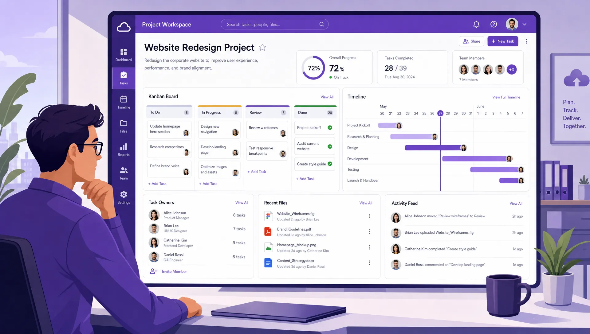 A team lead reviewing a shared cloud project workspace