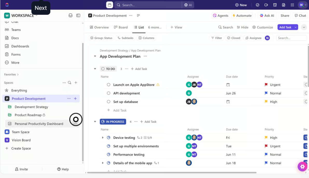 ClickUp interface showing task management, project views, and team collaboration features.