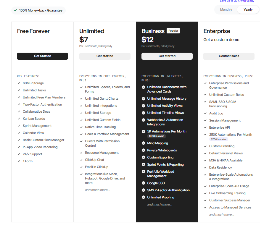 ClickUp pricing page showing available plans, features, and subscription options.