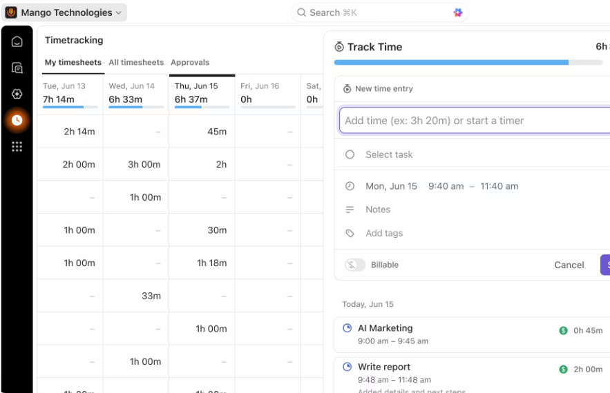 ClickUp time tracking interface showing tracked hours, task timers, and time reporting features.