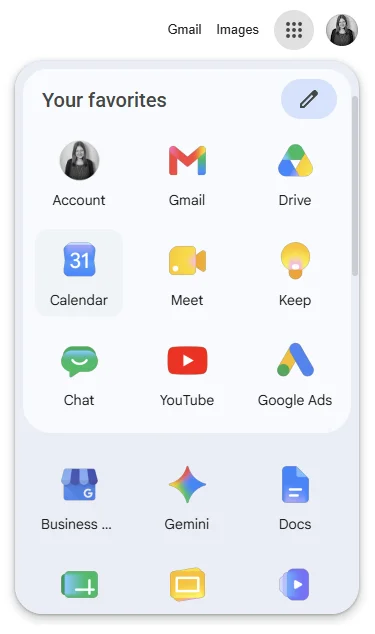 A screenshot of the Google "waffle" menu displaying standard apps like Drive and Calendar, and nothing more