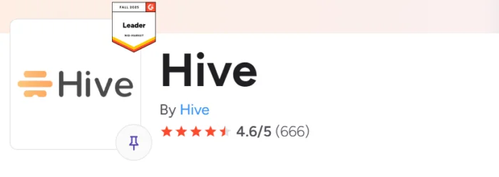 Hive G2 rating screenshot showing the Hive product name and overall user rating.