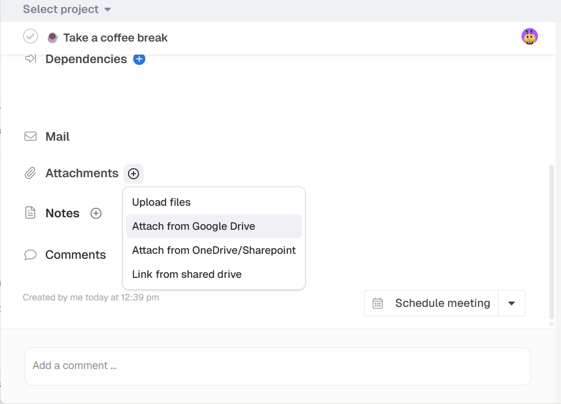 Hive interface showing the option to attach a file from Google Drive to a task.