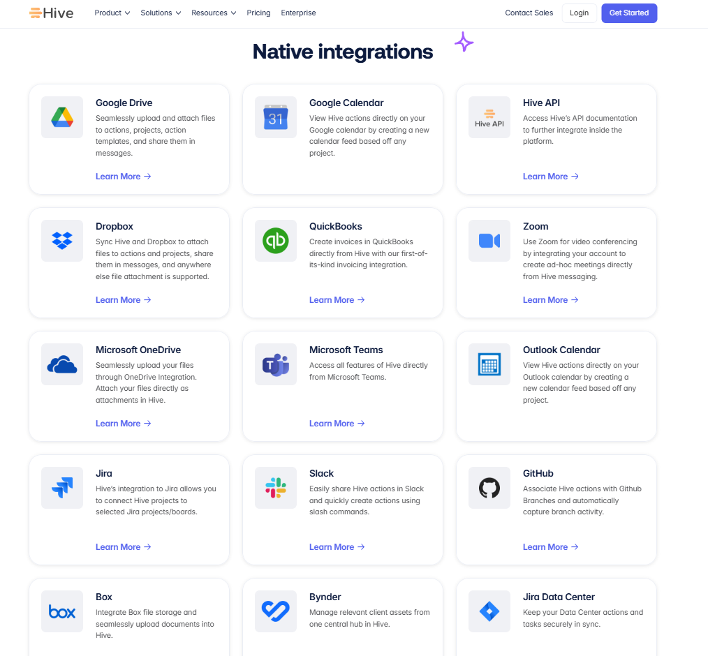 Hive integrations settings showing connected apps and available third-party tools.