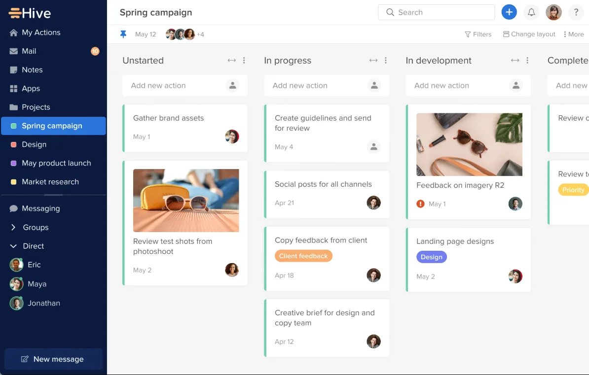 Screenshot of the Hive project management interface showing boards, tasks, and workspace layout.