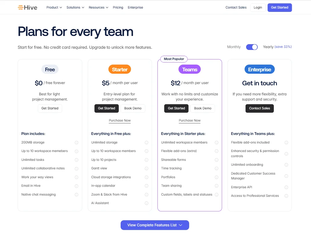 Hive pricing page showing subscription plans and features included in each tier.