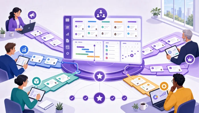 Interconnected departmental hubs, such as marketing, product, sales, and operations, linked to a central project management board featuring task cards, dependency lines, and status indicators
