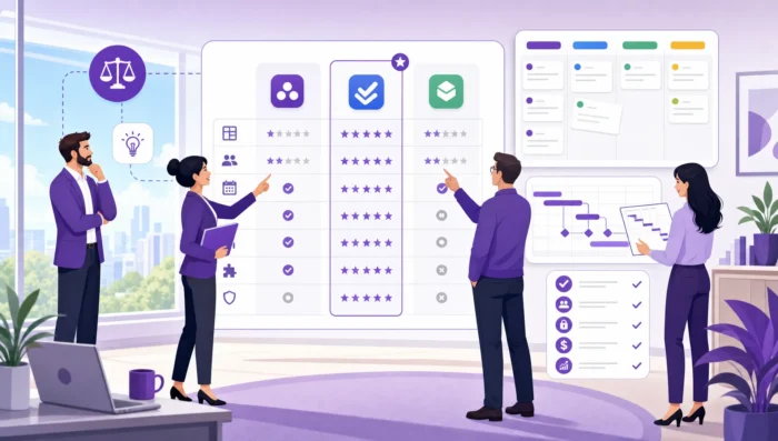 A modern, purple-themed digital vector illustration representing the evaluation of project planning software, showing team leaders analyzing connected visual task boards, Gantt chart timelines, ecosystem integration nodes, and evaluation metrics.