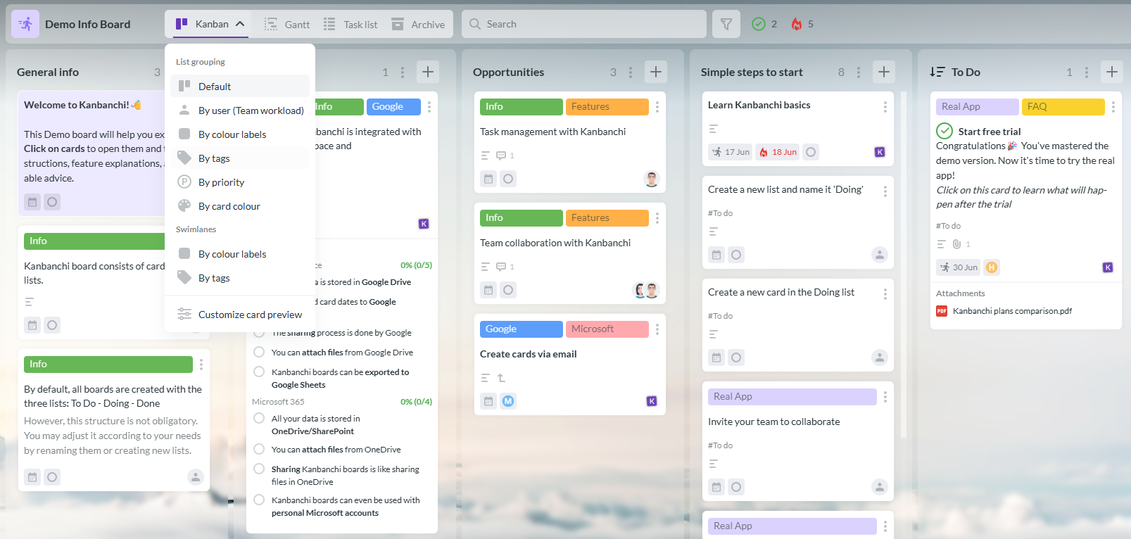Kanbanchi demo board showing tasks organized across columns for visual project management