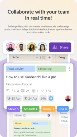 Kanbanchi Android app interface showing a Kanban board with task cards, project columns, and mobile task management features in the Kanbanchi vs Wrike comparison.