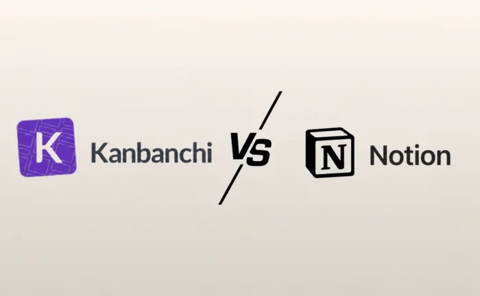 Kanbanchi vs Notion comparison graphic featuring the Kanbanchi and Notion logos with a bold "VS" symbol between them, introducing a side-by-side comparison of the two project management tools.